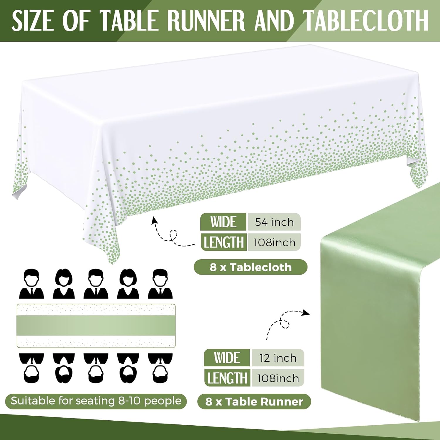 16 Pcs White and Sage Green Disposable Plastic Tablecloths and Satin Table Runner Set 54x108 Inch Tablecloth 12x108 Inch Table Runners for New Year Wedding โ image 2