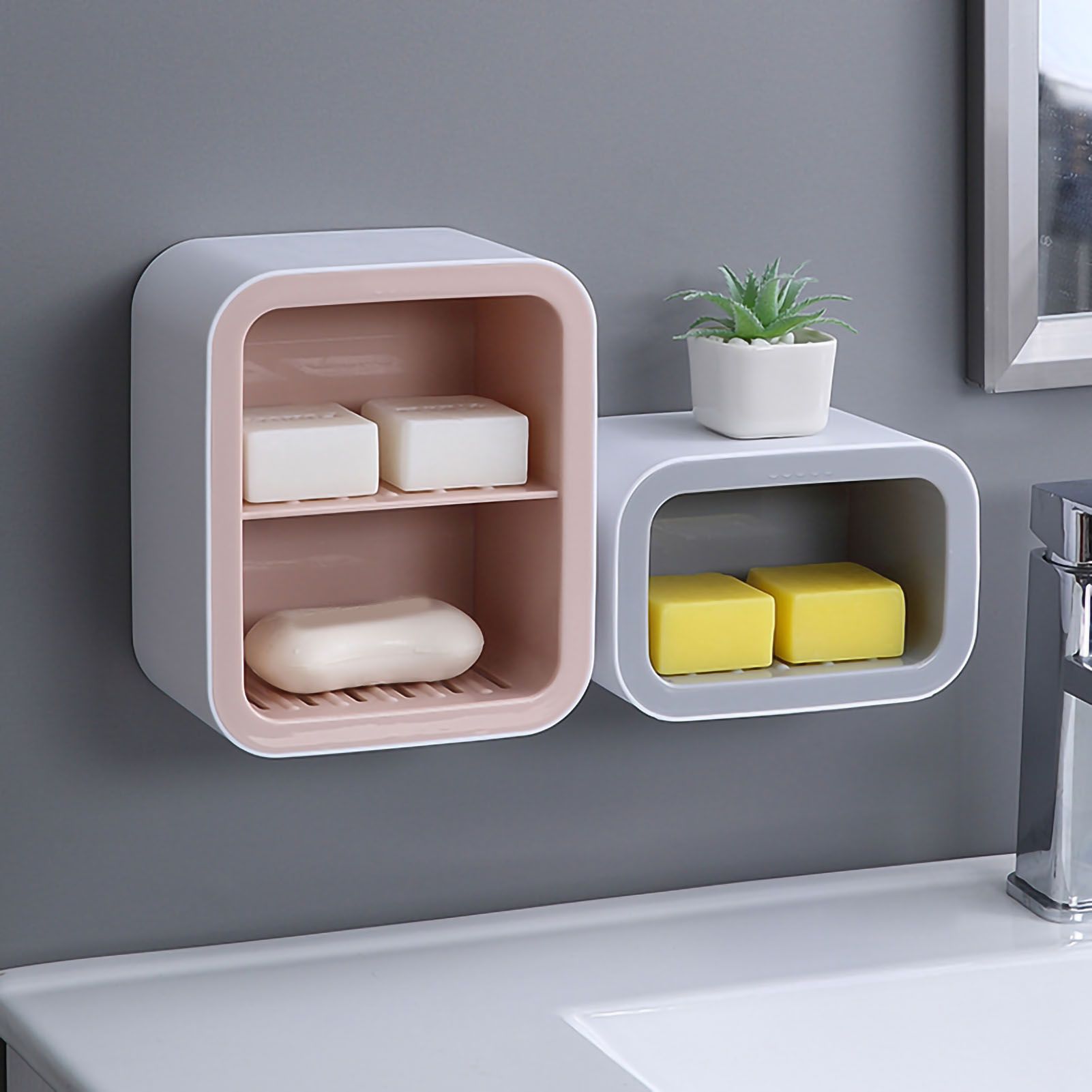 Wall Mount Soap Rack Drain Toilet Suction Disc Punch Free Box Student Dormitory Supplies Nordic 2 Layer Pink — image 5