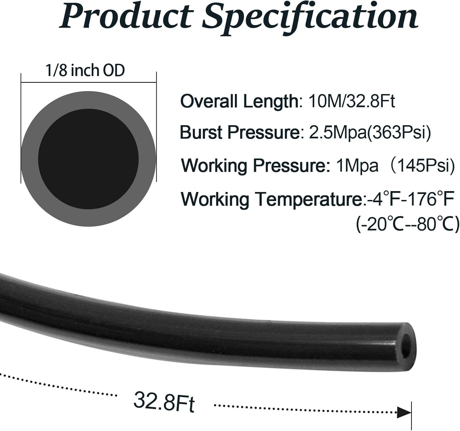 Biaungdo 1/8" OD Pneumatic Tubing Pipe, Black PU Air Brake Hose Line for Air Compressor Fitting, Water Fluid Transfer (10 Meter/32.8ft) — image 2