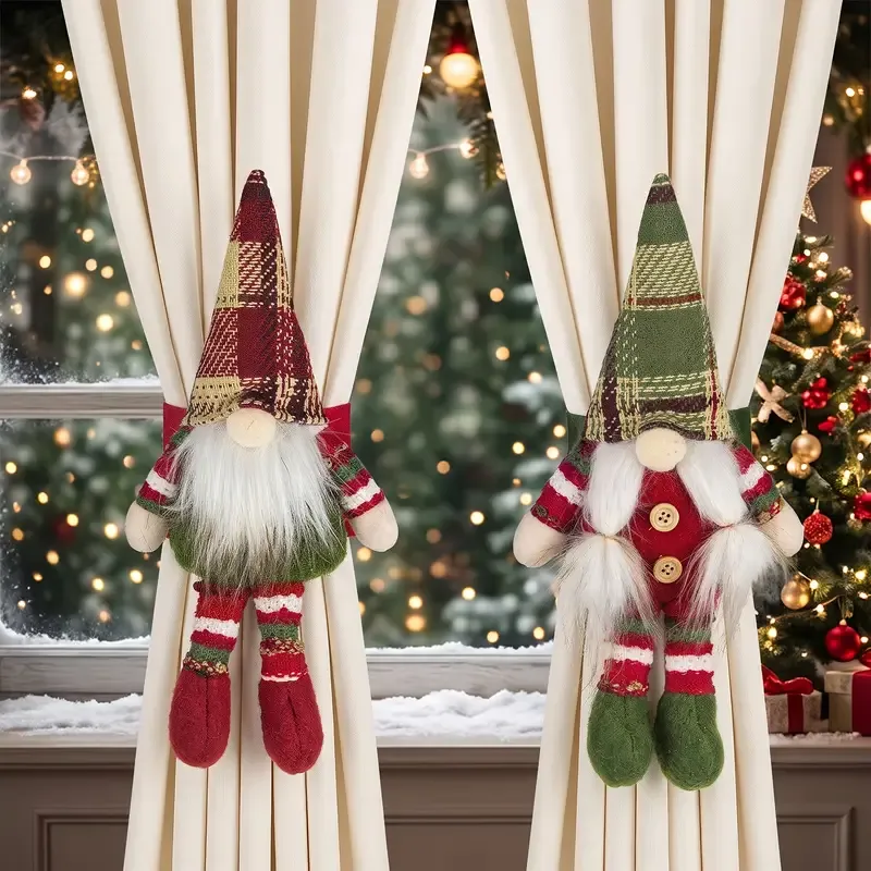 2-Pack Christmas Faceless Old Man Curtain Tiebacks | Polyester Red & Green Plaid Pointed Hat, 25cm Soft Fabric Tie Design, Dual Function as Curtain Holder & — image 3