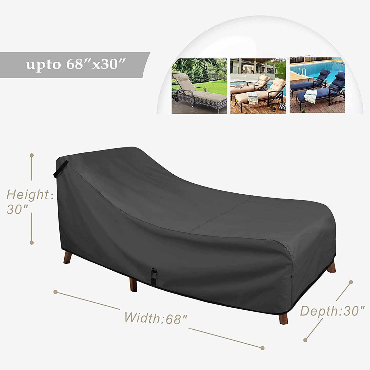 Lounge Chair Cover - Waterproof Outdoor Chaise Lounge Chair Covers 2 Pack - 68W x 30D x 30H inch, Black — image 3