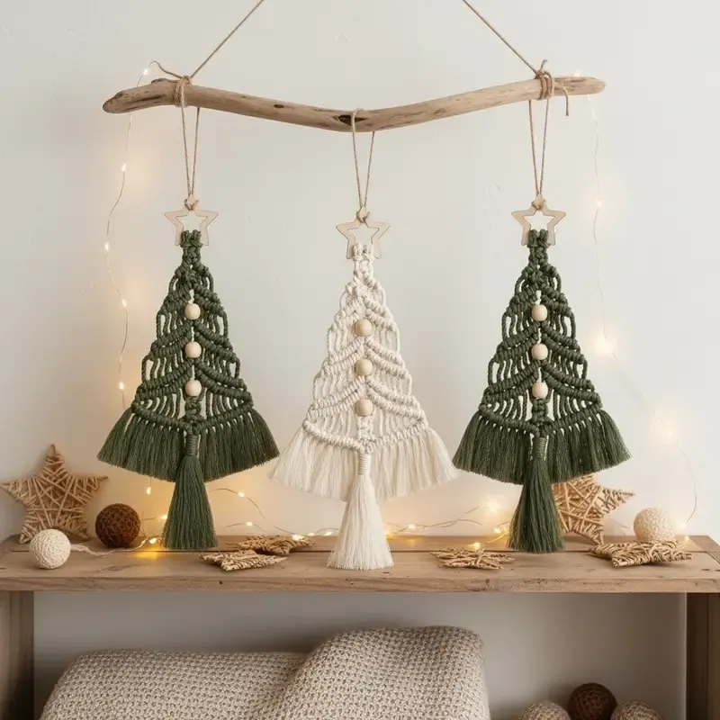 Bohemian woven Christmas tree wall hanging, handmade from pure cotton, accented with wooden beads and tassels, an artistic and healing holiday decoration โ image 3