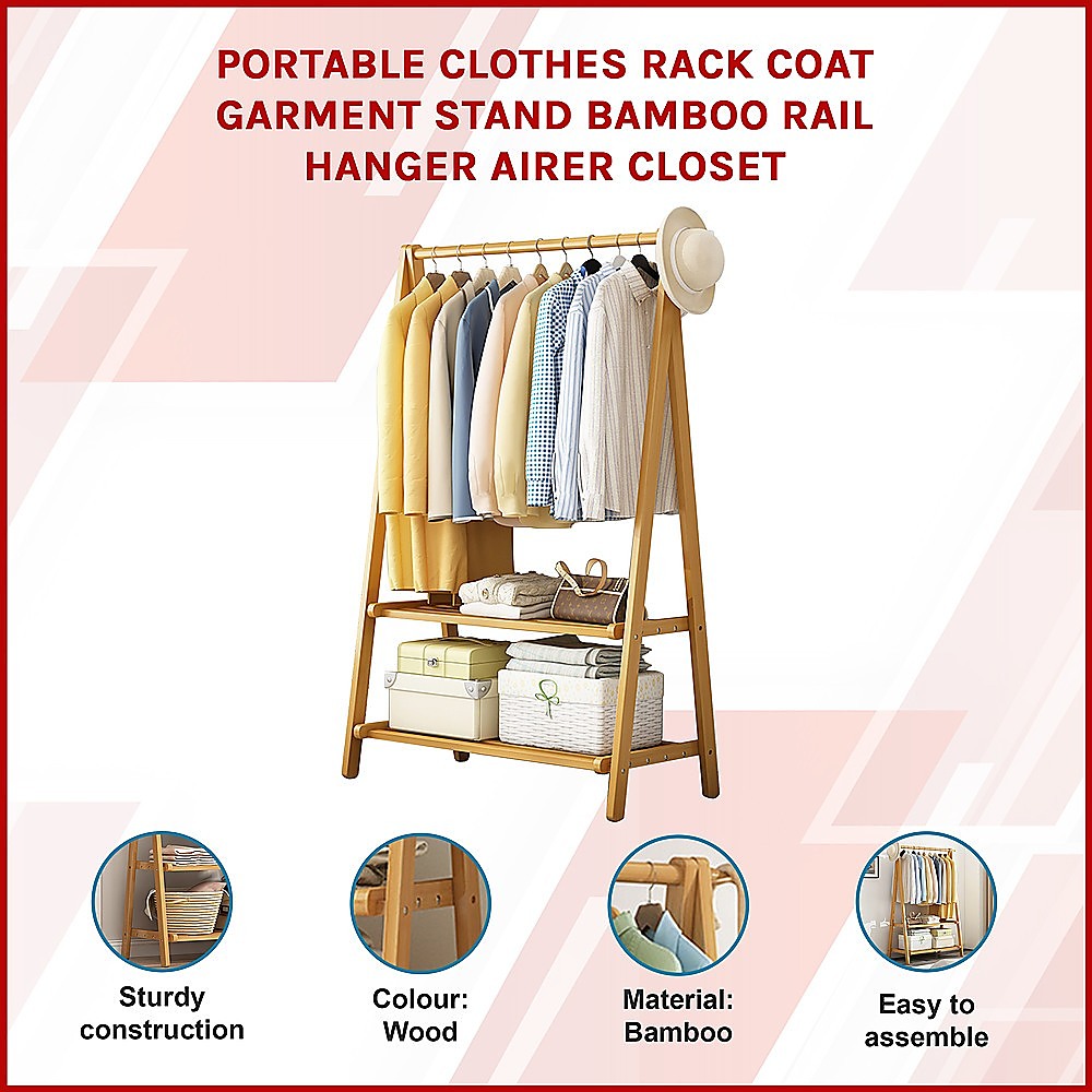 Portable Clothes Rack Coat Garment Stand Bamboo Rail Hanger Airer Closet — image 3