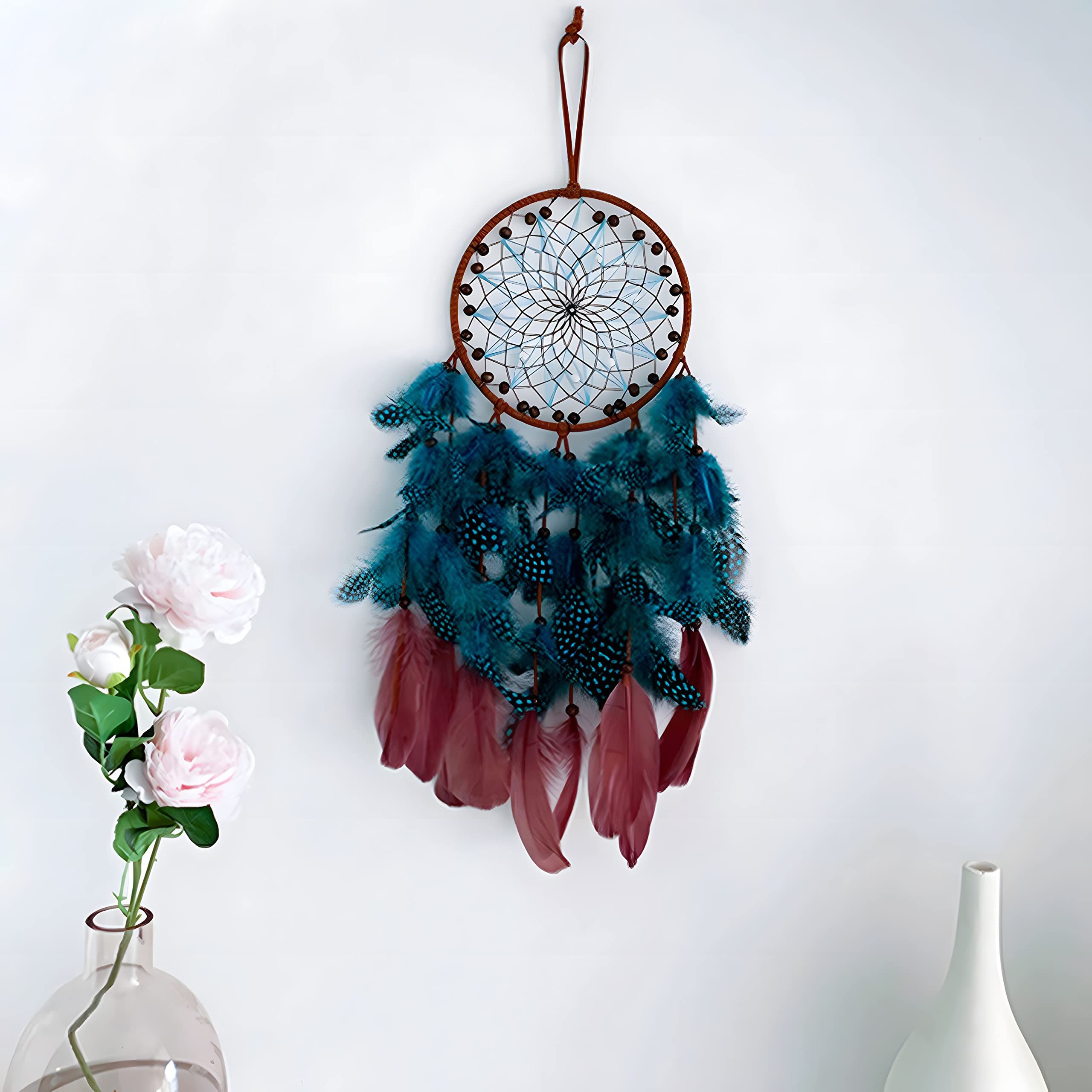 Peacock Green Feathers with Handmade Pearl and Wooden Beads,,Wall Hanging Decor for Bedroom Dorm Home Ornaments Craft Gift — image 2