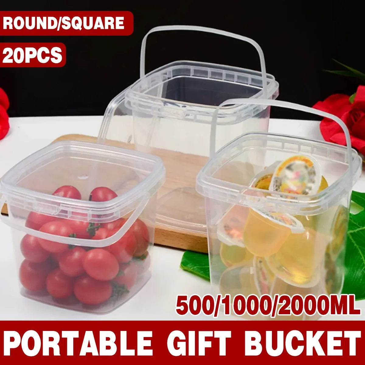 20pcs Plastic Round Bucket with Lid Transparent Portable Storage Gift Container - Round 1000ml — image 2