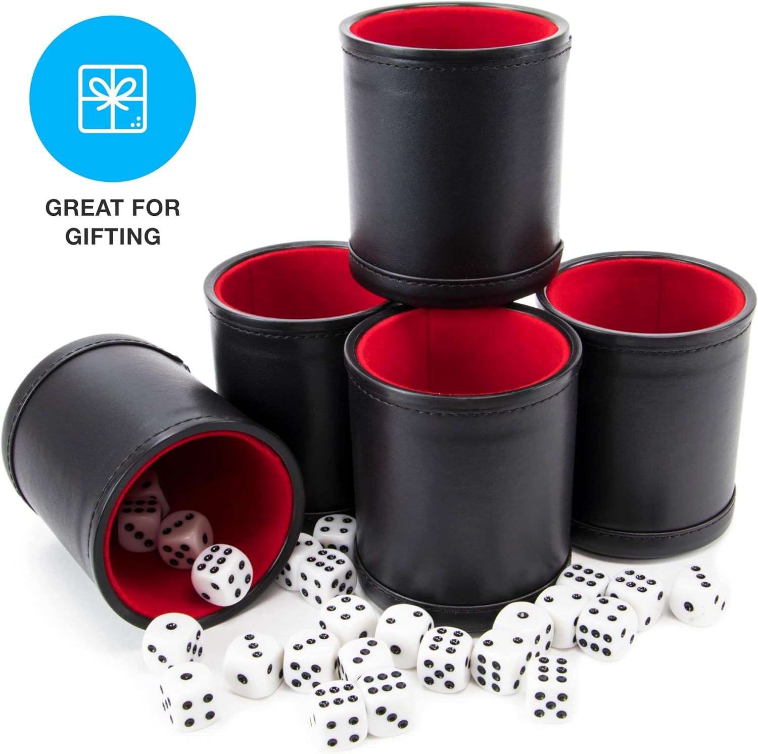 Professional Shaker Cups | Leather with Velvet Felt-Lined Interior | 5 Red Lined Cups and 25 Dice Set โ image 4