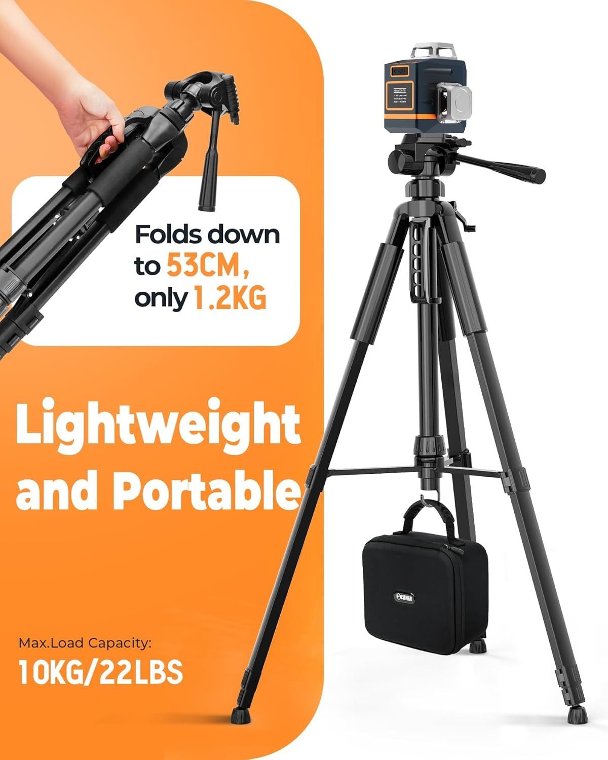 CIGMAN 59-inch Lightweight Adjustable Laser Level Tripod with 3-Way Swivel Pan Head, Bubble Level, Phone Holder, Quick Release Plate with 1/4" Screw Mount & — image 3