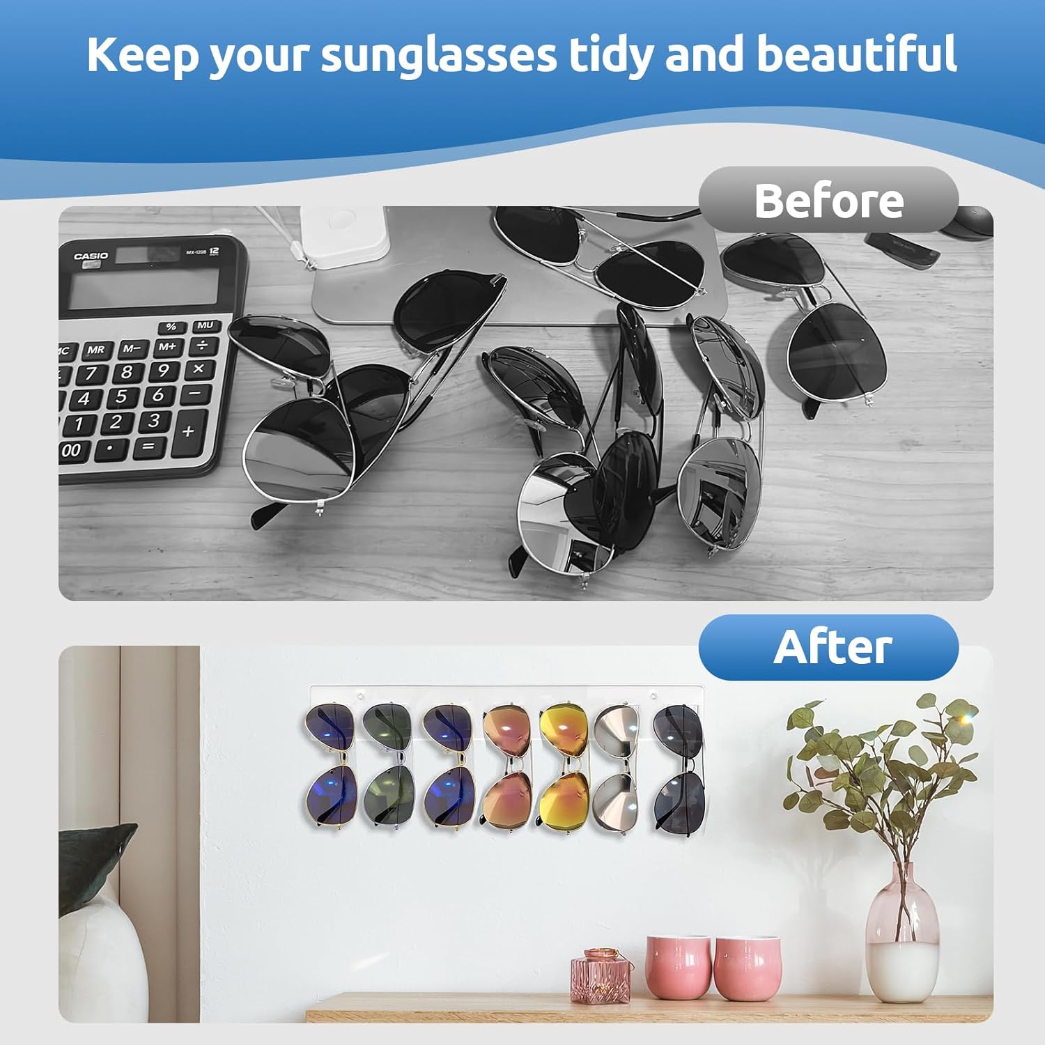 Wall Mounted Sunglasses Organizer Set of 2 Acrylic Rack Holds 14 Glasses No Drill Hanging System Transparent — image 4