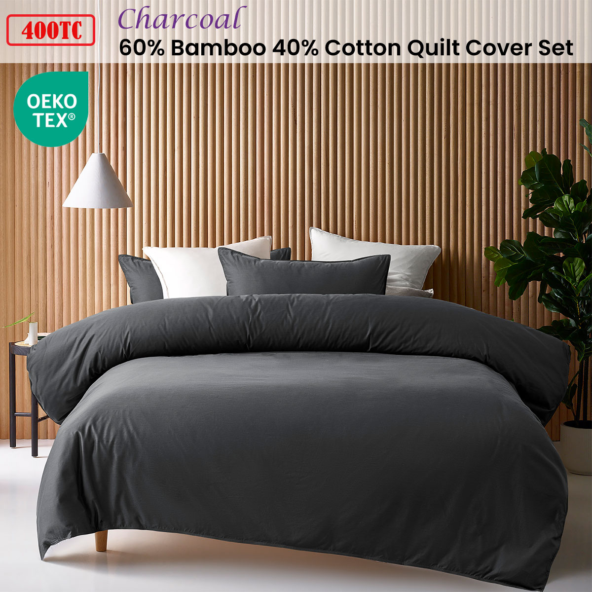 Accessorize Charcoal 400TC Charcoal Bamboo Cotton Double Stitched Quilt Cover Set Queen — image 2