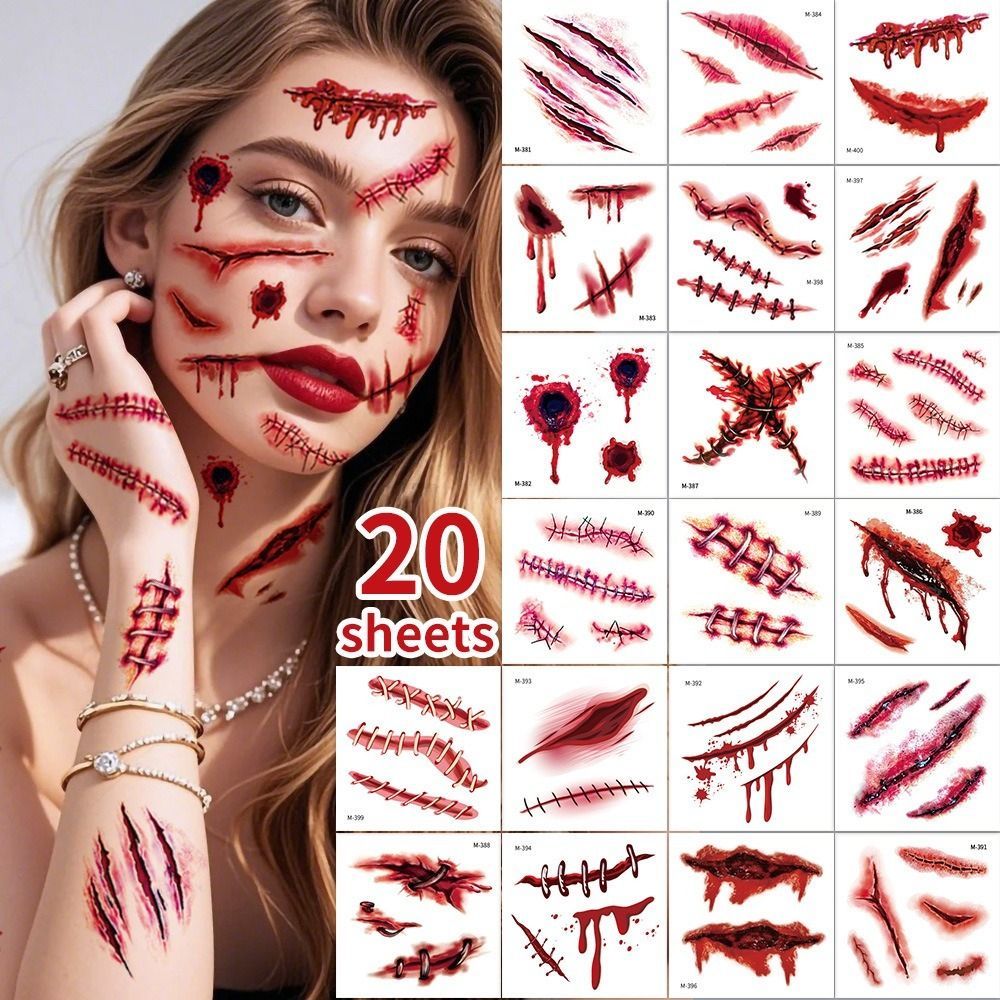 Halloween Tattoos 3D Temporary Tattoos Fake Wound Stickers Blood Wounds - Red - Size scarG-10pcs โ image 4