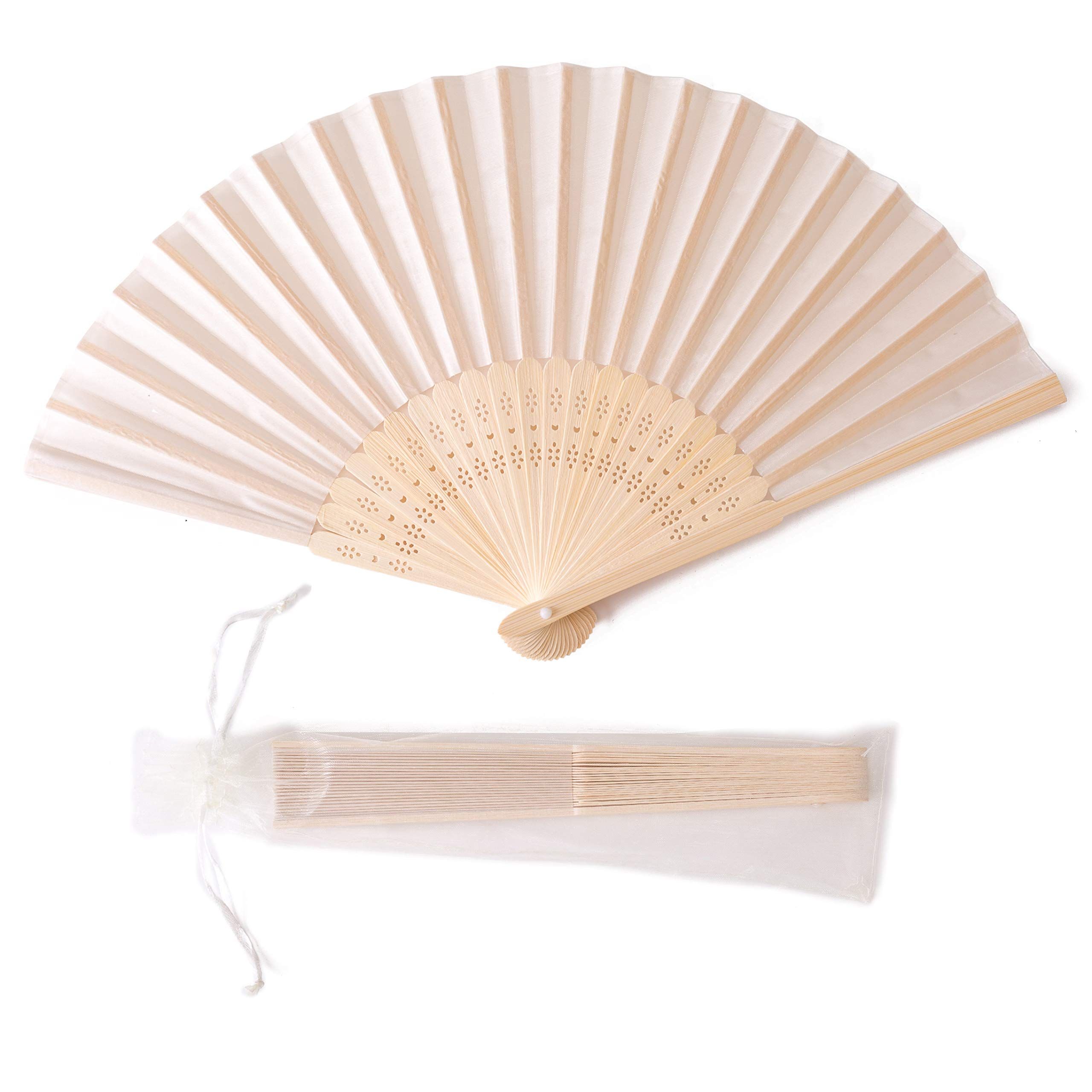 5pcs Cream-Coloured Imitated Silk Fabric Bamboo Folded Hand Fan Bridal Dancing Props Church Wedding Gift Party Favors — image 2