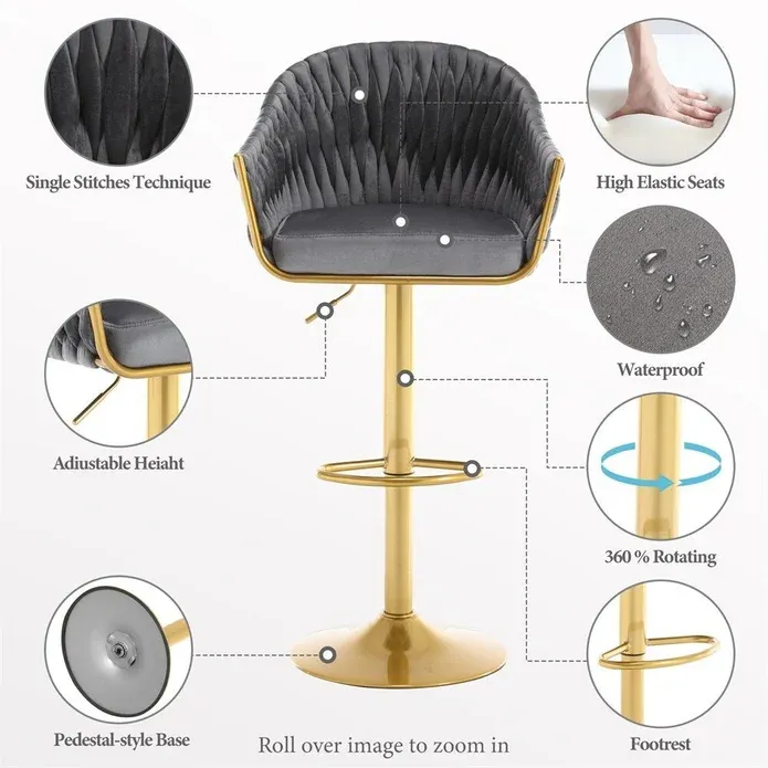 SERENITà GP1863 Modern Velvet Breakfast Bar Stools Swivel Barstools Adjustable Counter Stools with Backrest (Gold-Grey) — image 4