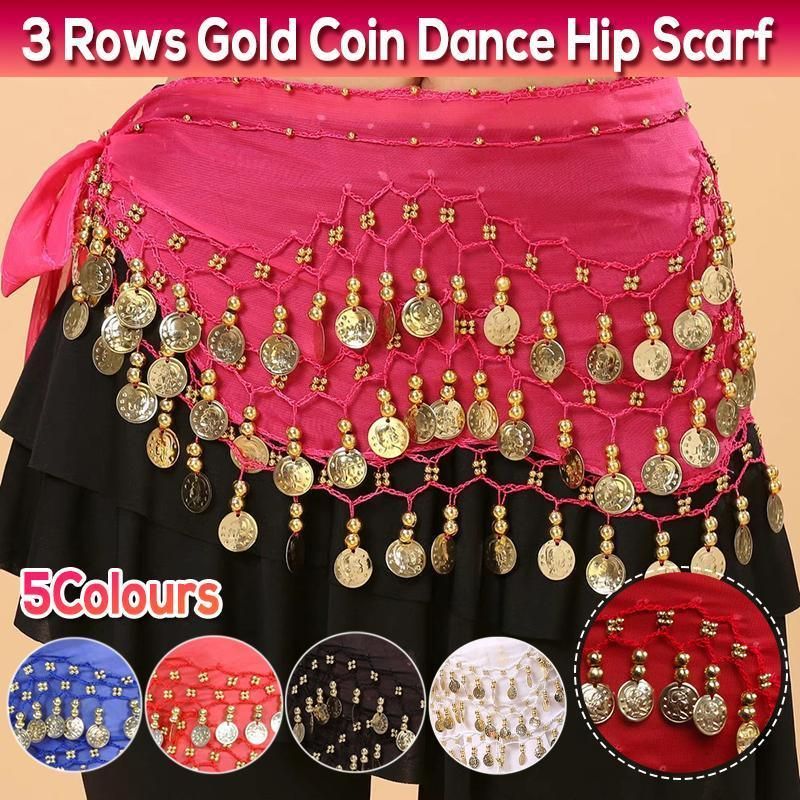 1X 3Rows Belly Dance Dancing Hip Scarf Belt Chain Skirt Golden Tone 98 Coin Bead - Red โ image 2