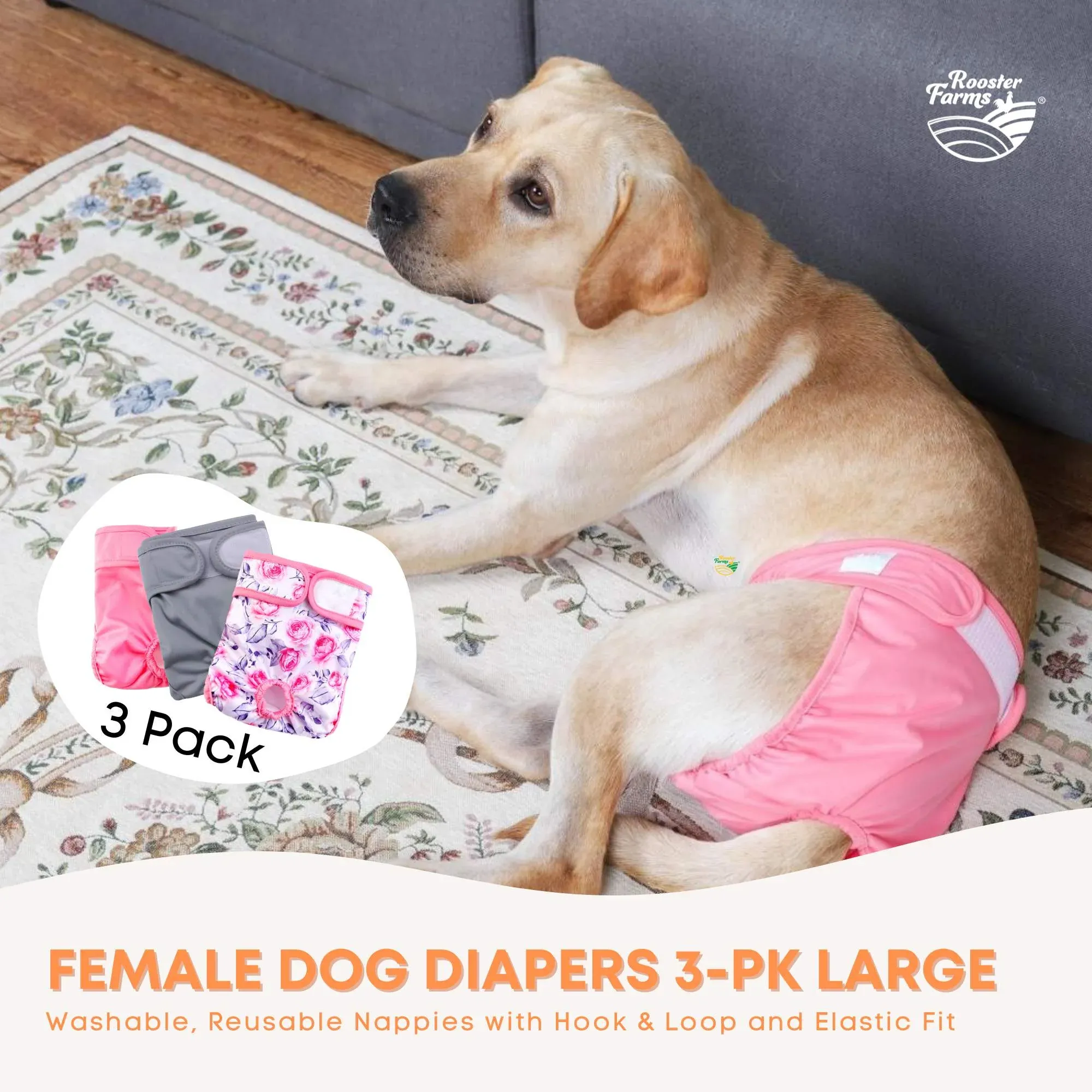 Rooster Farms Female Dog Diapers Large 3Pk - Washable Reusable Nappies Hook/Loop — image 2
