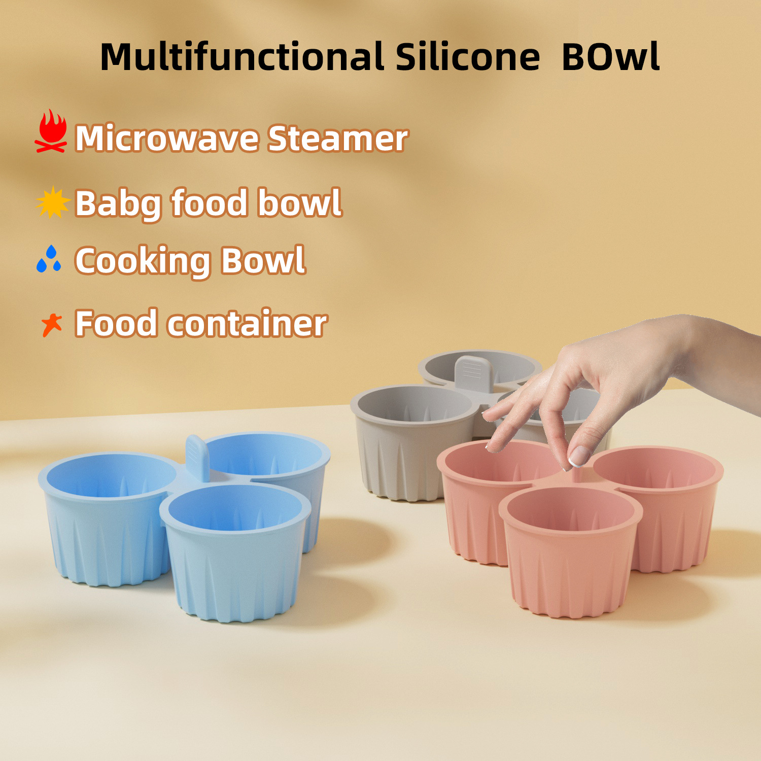 2 Pcs Blue 3-Compartment Silicone Bowl - BPA-Free, Microwave & Air Fryer Safe for Eggs, Baking & Food Storage — image 4