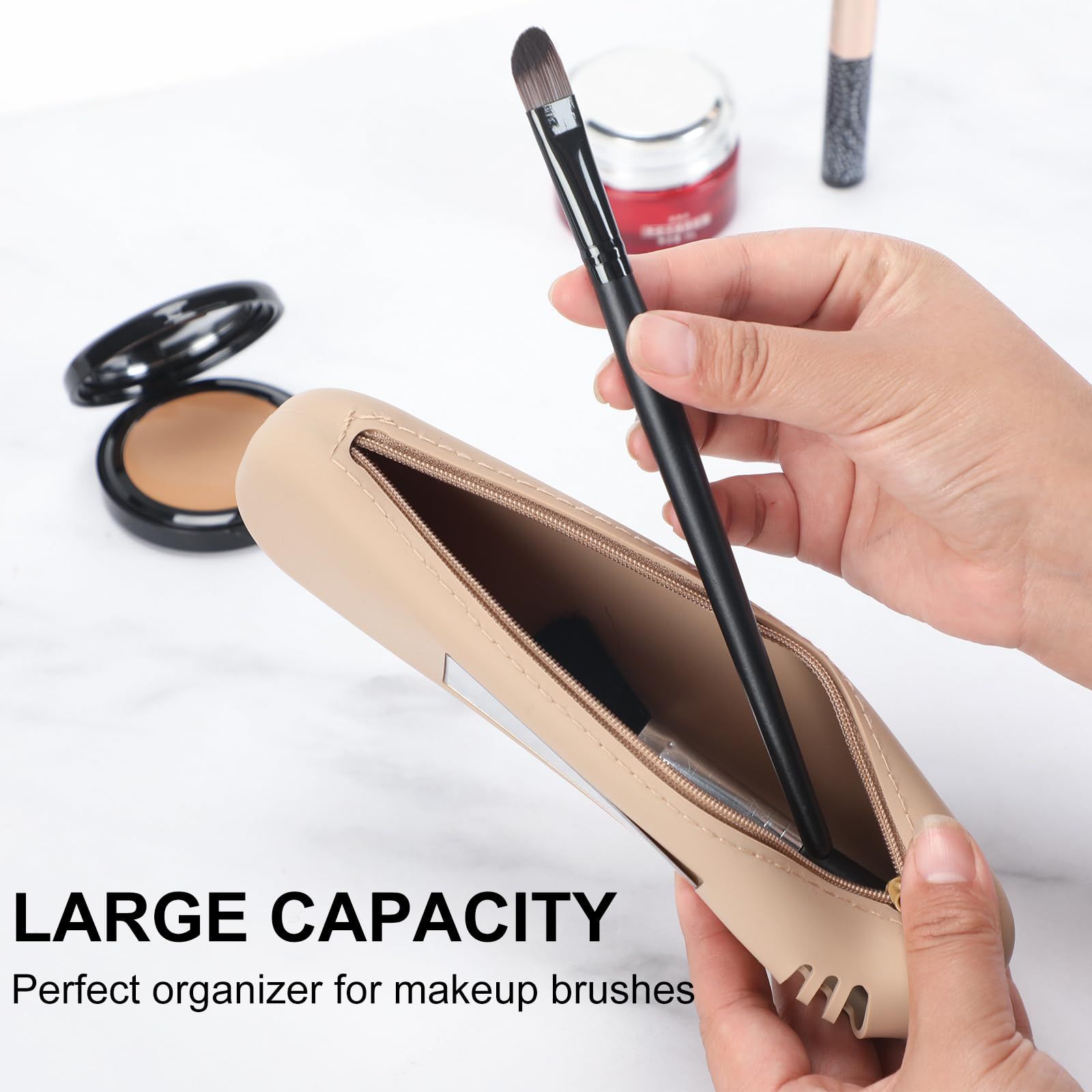 Travel Makeup Brush Holder with Mirror, Upgrade Anti-Fall Out Zipper Closure Silicone Makeup Brush Organizer, (Khaki) β image 4