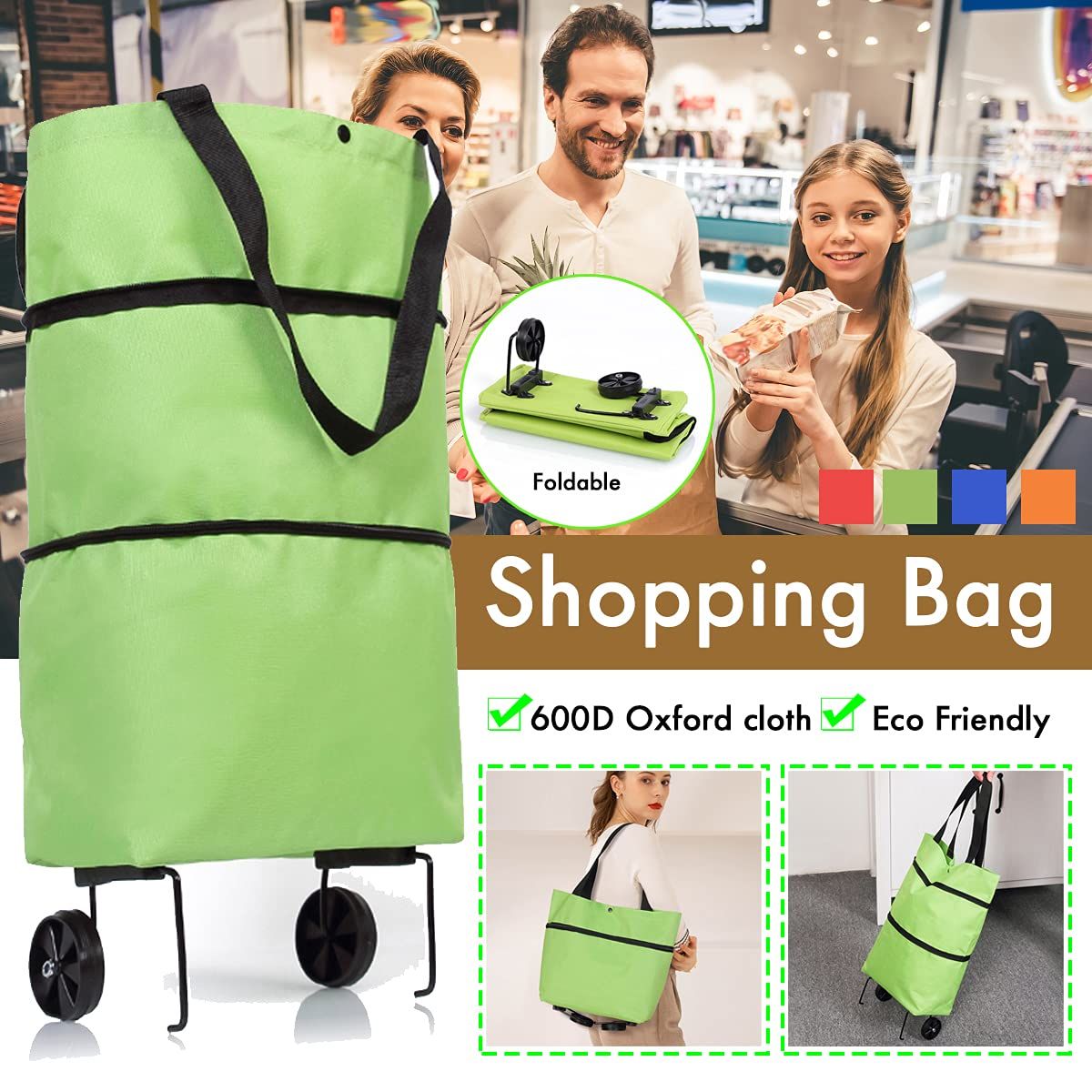 2 in 1 Foldable Shopping Cart, Collapsible Grocery Cart with Wheels Shopping Bag Telescopic Storage Bag for Traveling — image 2