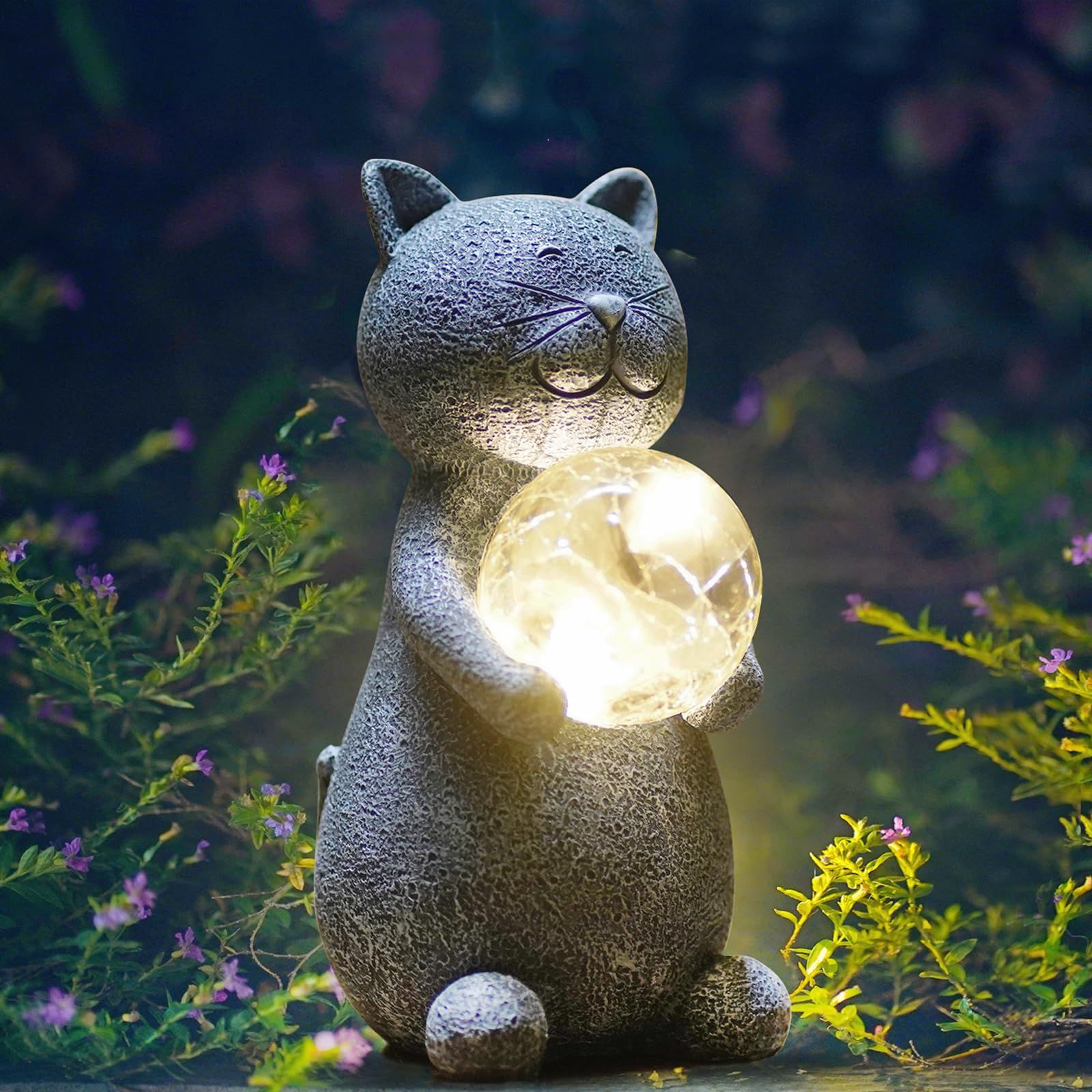 Solar Cat Statue Garden Decor - Cat Lover Gifts, with Gazing Solar LED Lights Ball Cat Decoration for Garden Yard Patio Lawn