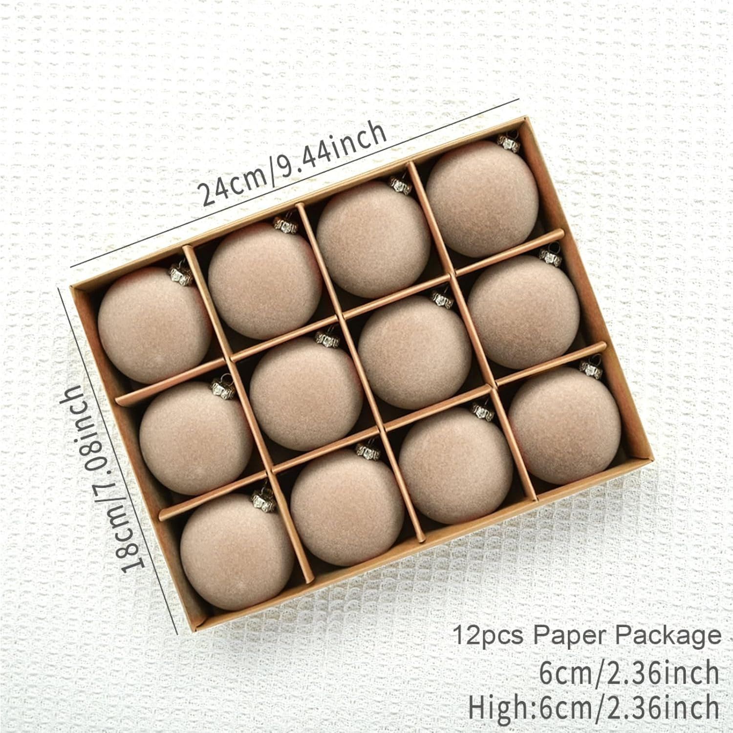 12pc Christmas Tree Hanging Balls Decoration Velvet Flocked 2.4Inch Plastic Balls Ornaments Vintage Shatterproof for Xmas Party Holiday (Beige) — image 2