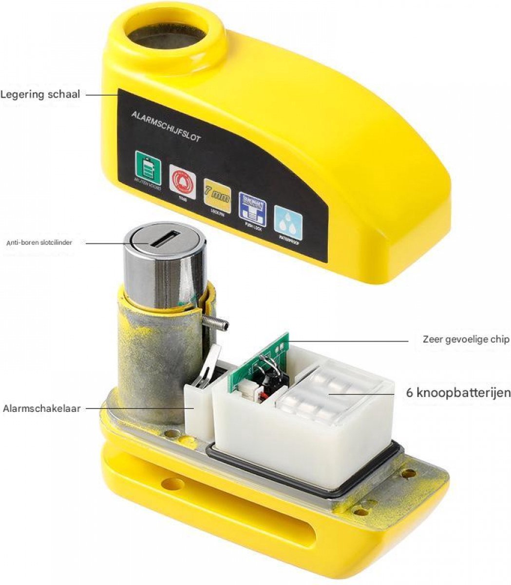 Bicycle disc brake lock - Disc brake alarm - With reminder cable - 7 mm - Motorcycle lock - Scooter lock - Disc brake lock - Yellow β image 4