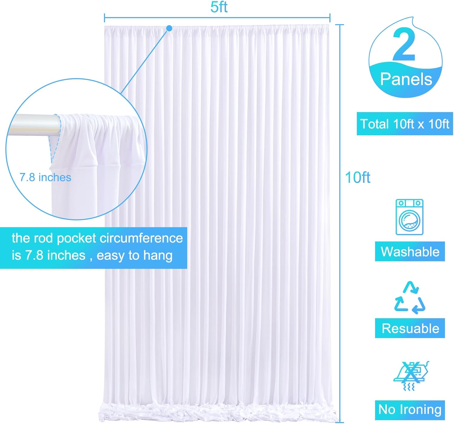 10x10 White Backdrop Curtain for Parties Wedding Wrinkle Free White Photo Curtains Backdrop Drapes Fabric Decoration for Baby Shower 5ft x 10ft,2 Panels โ image 6