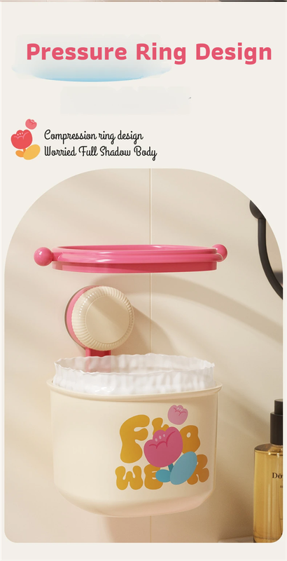 2-Pack Cream Red & Cream Powder Cute Suction Cup Wall-Mounted Trash Bin with Bag Press Ring and Wide Opening - Multifunctional Organizer & Waste Basket for โ image 6