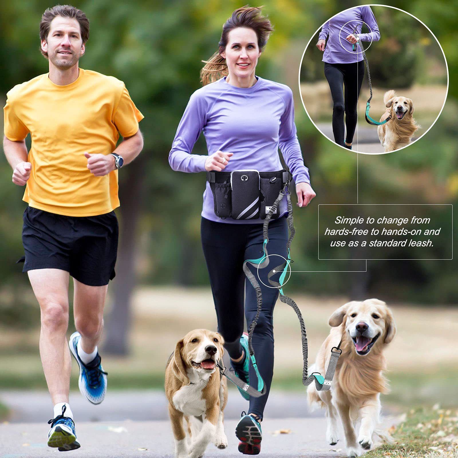 Hands Free Dog Leash Running Belt with Adjustable Bungee Lead(Fluorescent green), Multi Pocket Outdoor Waist Bag and Free Roll of 15 Poop Bags for Walking โ image 4