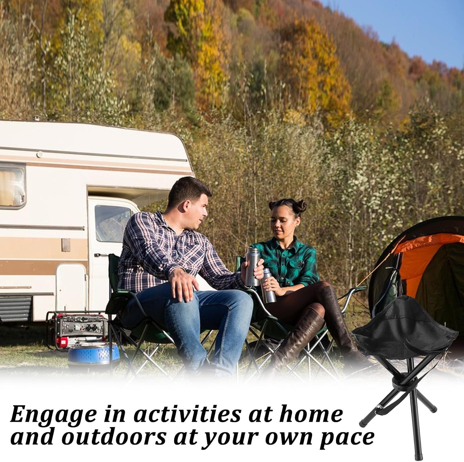2PCS Portable Folding Camping Stool, Travel Outdoor Tripod Seat, Black Folding Camping Chairs for Camping Party Picnic Beach Garden Lawn Walking — image 5