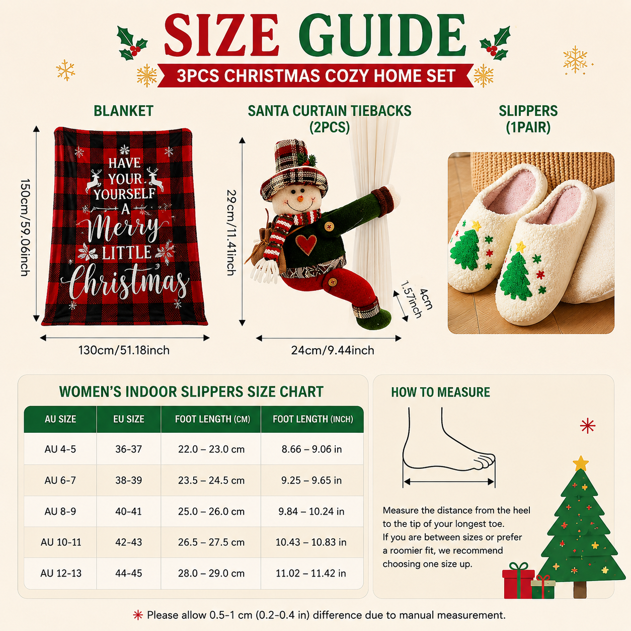 Christmas Home Comfort Set with Flannel Throw Blanket 130x150cm, Plush Indoor Slippers AU 6-7 and Santa Curtain Tiebacks, Cozy Holiday Gift Bundle โ image 5