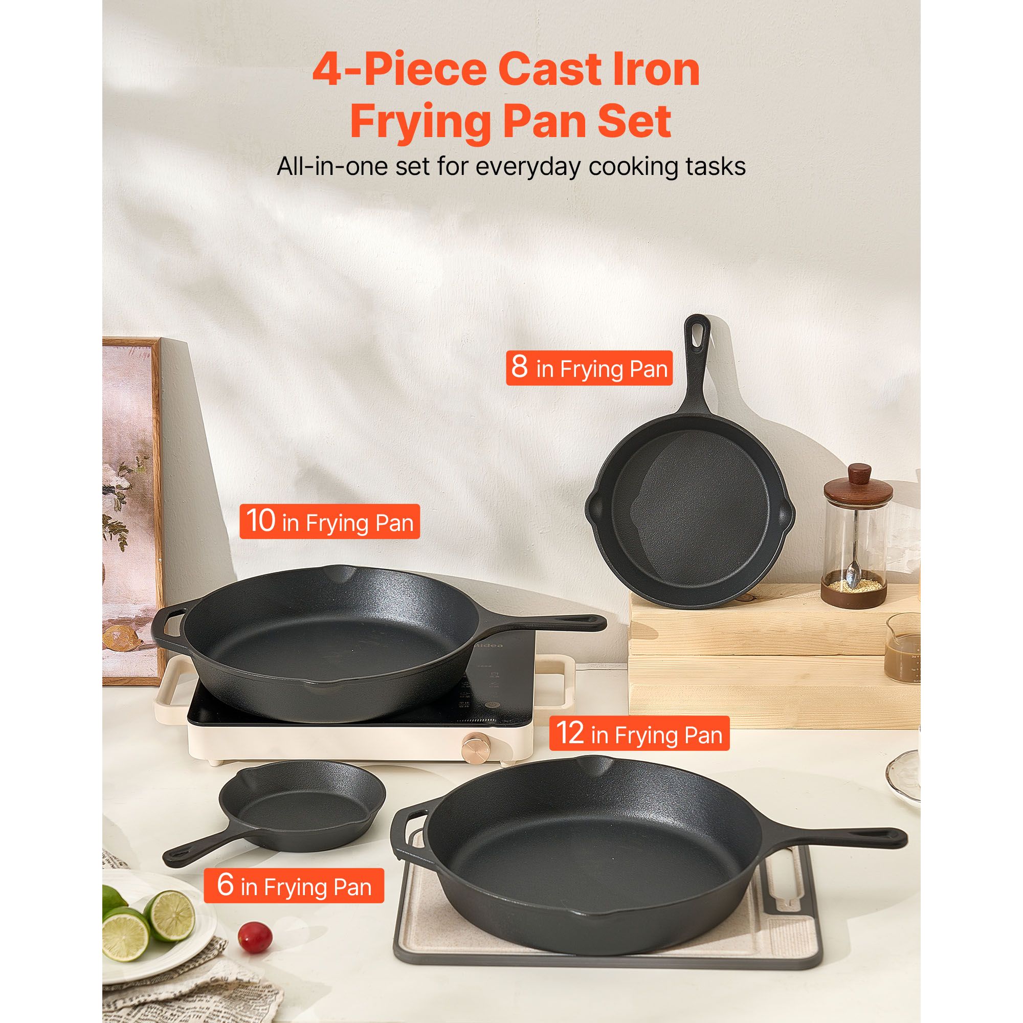 Cast Iron Skillet, 4 Pcs Frying Pan Set (155, 205, 260, 305 mm), Skillets with Heat-Resistant Silicone Handle, Pre-Seasoned Chef's Pan, Kitchen Cookware, Oven โ image 2