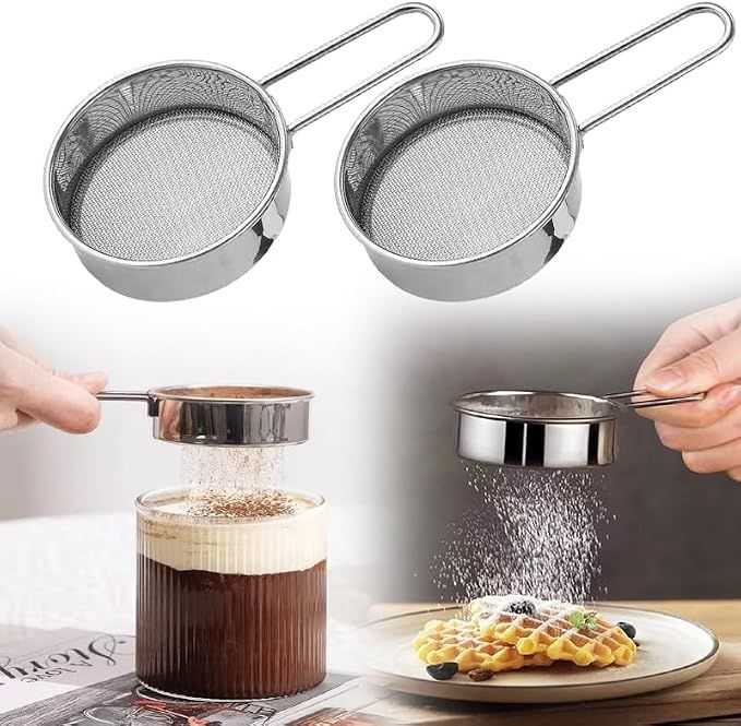 2 Pack Powdered Sifter for Sugar- Flour Sifter Mini Small Drainer for Baking, Powder, Sugar and Coffee Pastas Tea Strainer (Silver)