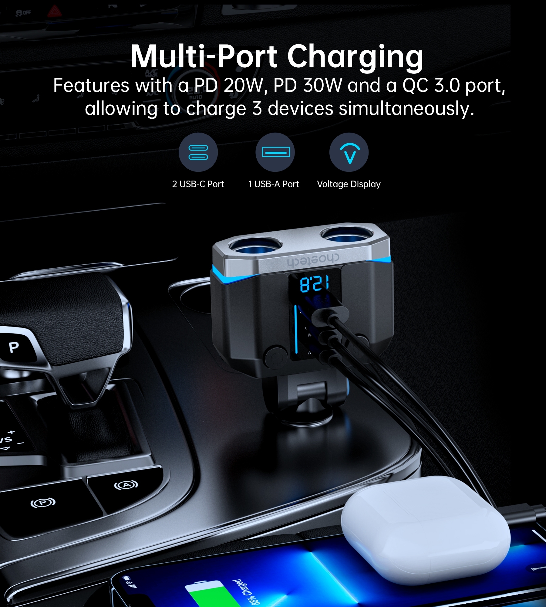 CHOETECH TC0020 45W 2 Sockets + 2x USB-C + 1x USB-A Cigarette Lighter Splitter — image 3