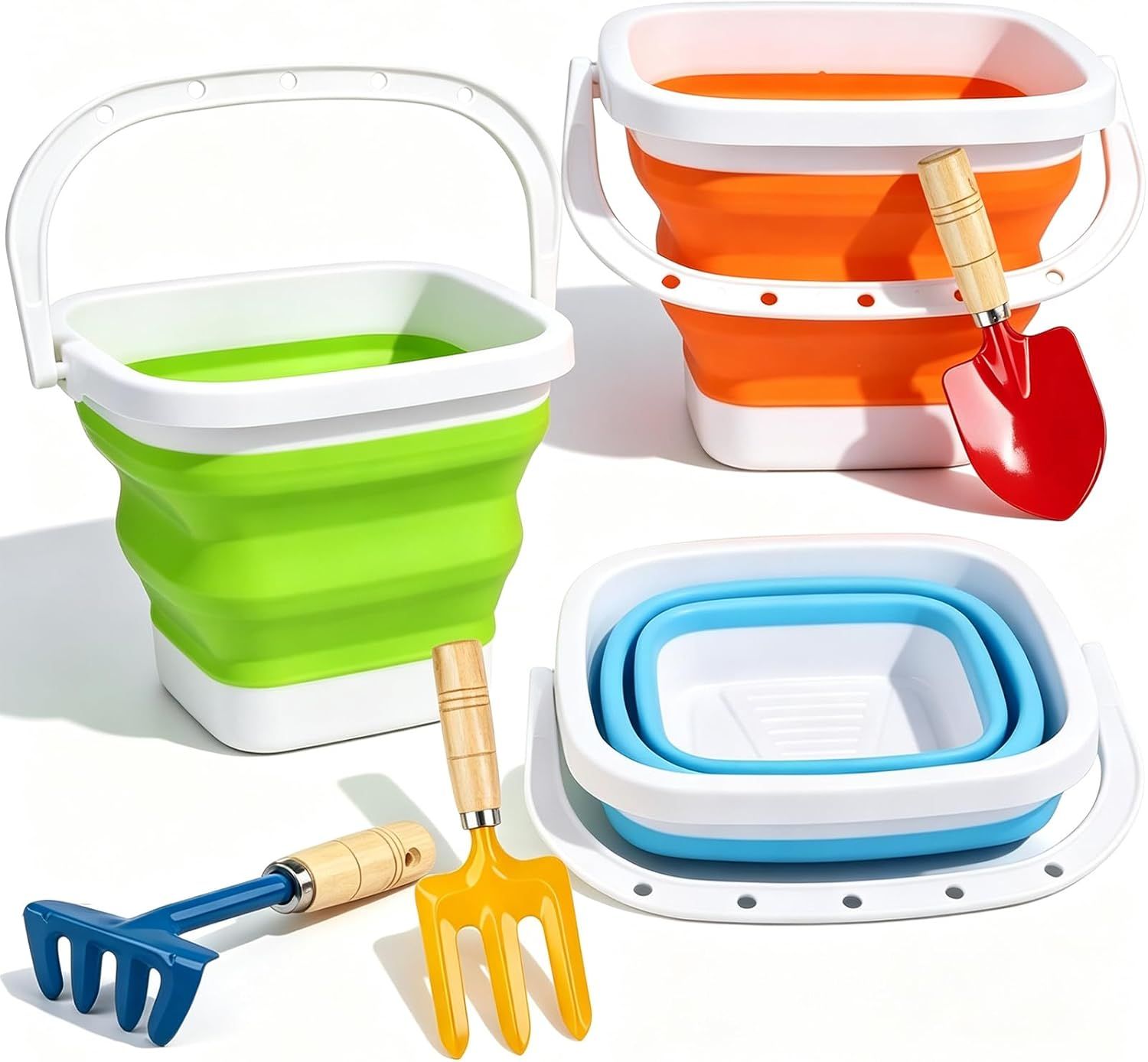 Collapsible Beach Bucket with Metal Shovels Set, Beach Toys Gifts for Adults, ABS Foldable Pails for Pool, Camping, Easter Party, Fishing, Summer Winter β image 2