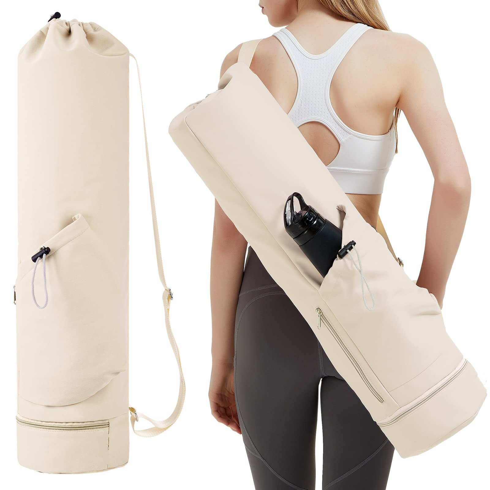 Beige Durable Yoga Mat Carry Bag - Multi-Functional Fitness Backpack with Wet Pocket(Mugs are filming props, not included)