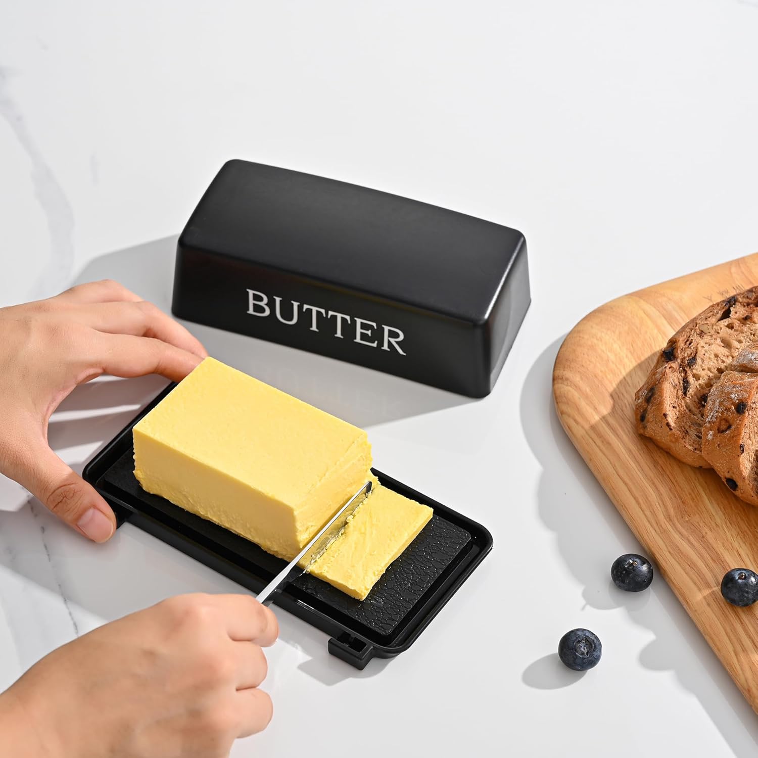 Butter Dish With Cover And Knife,Food Grade Plastic Butter Holder With Lid For Countertop,Black Dishwasher Safe Butter Storage Container — image 5