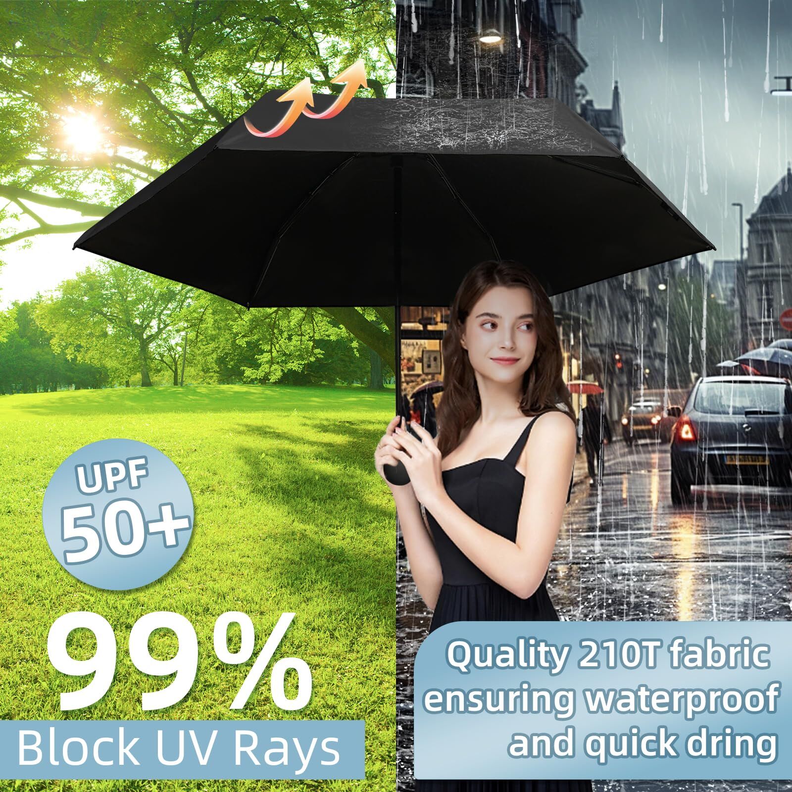 Mini Travel Umbrella – Compact Sun & Rain Protection for Women, Kids | UV-Blocking Pocket Umbrella with Case | Lightweight Foldable Umbrella(black) — image 5