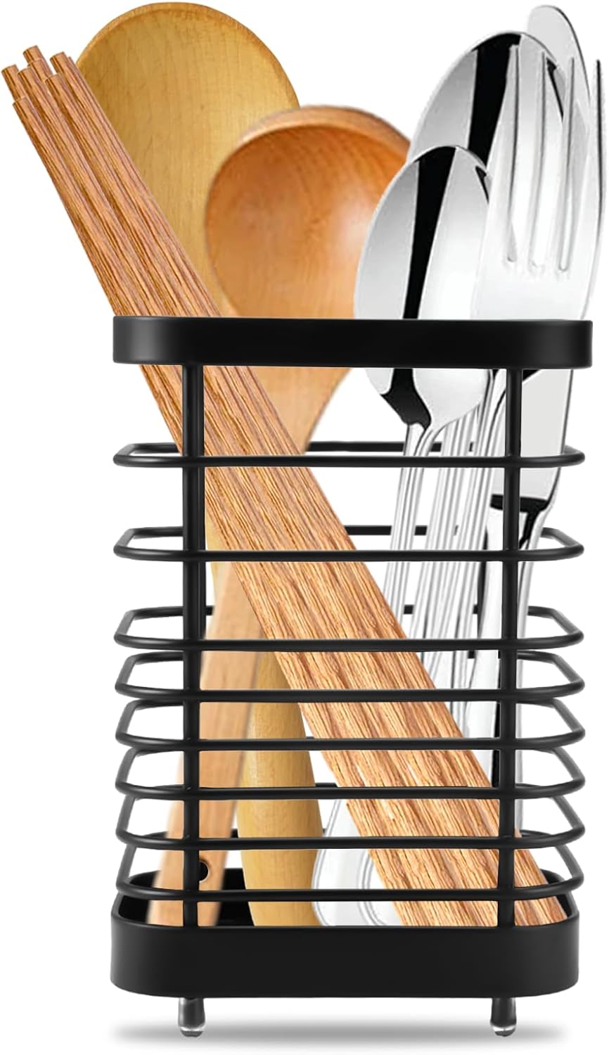 Stainless Steel Kitchen Utensil Holder, Countertop Cutlery Basket and Drainer for Spatulas, Spoons and Chopsticks, Black