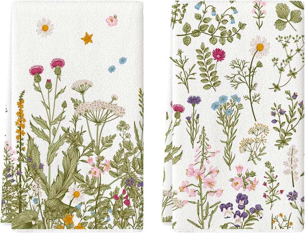 Wildflower Floral Kitchen Towels Dish Towels, 18 × 26 Inch Leaves Holiday Decoration Hand Towels Set of 2