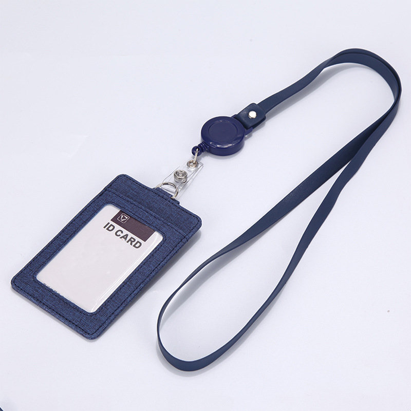Retractable ID Badge Holder with Lanyard, PU Leather Work Card Holder for Office Staff Nurse Teacher Student ID Card-Dark Blue