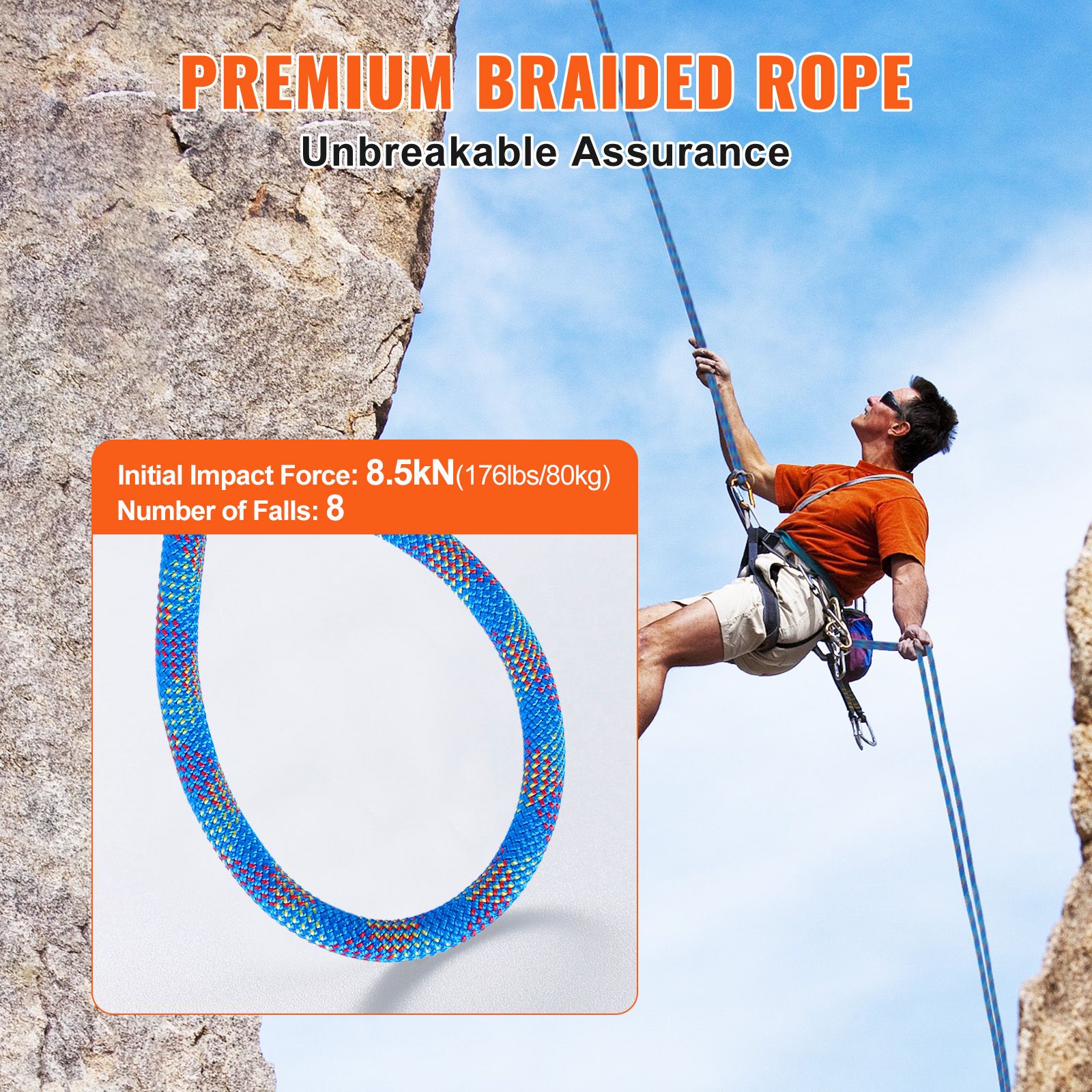 10.2mm Dynamic Climbing Rope, 60M(197ft) Outdoor Rock Climbing Rope 25KN Breaking Tension, Stretchable Fiber Rope with Steel Snap Hooks for Escape, Rappelling โ image 3