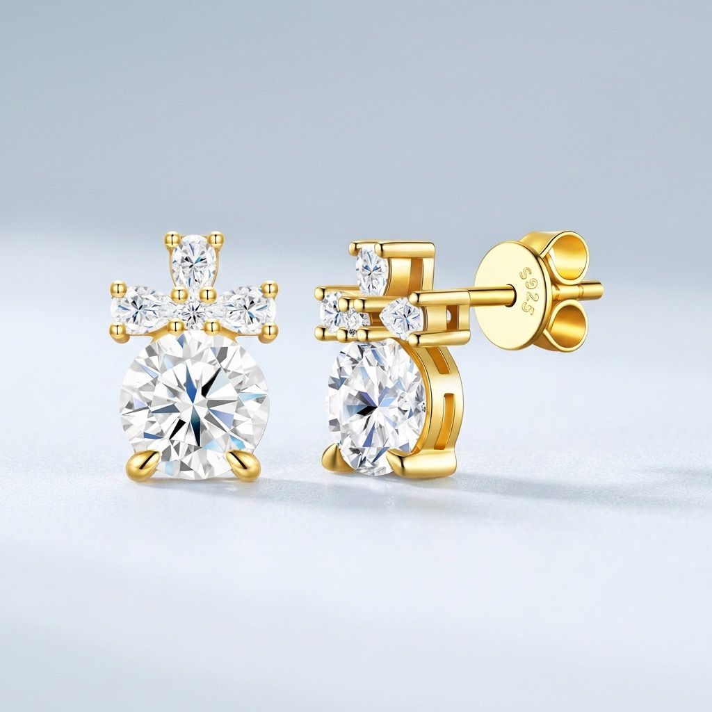 Elegant S925 Silver Plated Gold Moissanite Stud Earrings with Cross Design, Eight Hearts Eight Arrows Cut, Hypoallergenic and Tarnish-Resistant for — image 4