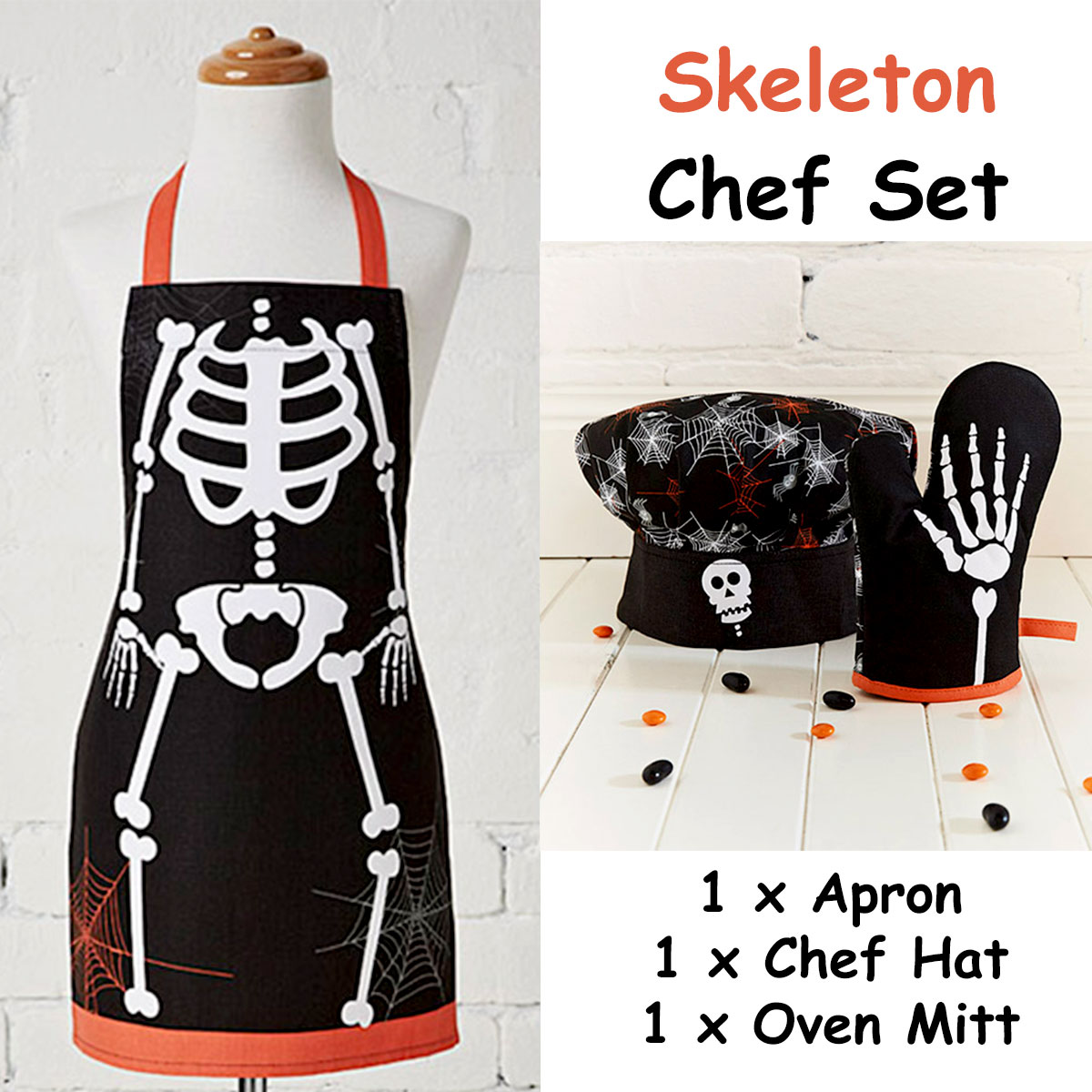 Cubby House Kids Set of 3 Skeleton Halloween Children Kids Kitchen Chef Set โ image 2