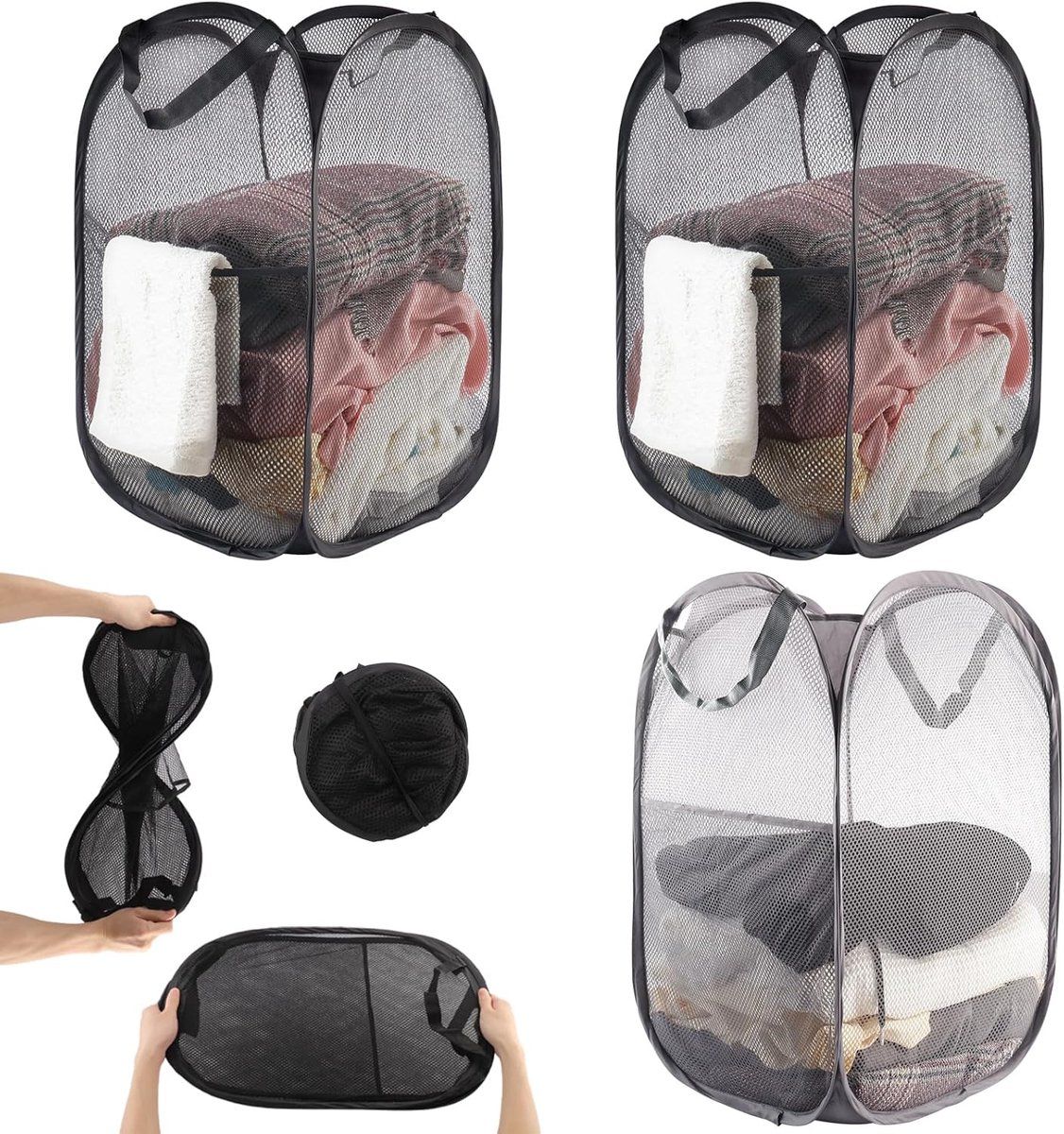 3 Pieces Pop Up Laundry Baskets, Foldable Portable Clothes Hampers for Bathroom, Bedroom, College, Camping and Travel, Black, 36 x 58 cm