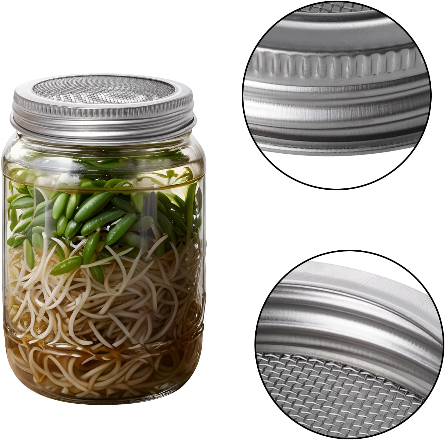 4 Pack Mesh Strainer Jar Stainless Steel Sprouting Jars Mason Wide Mouth Canning Lids for Growing Bean, Seeds and Salad(70MM) — image 6