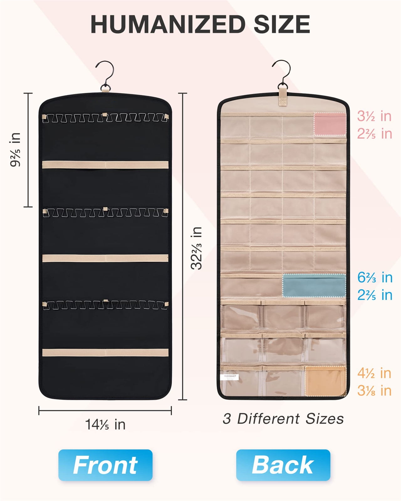 Hanging Jewelry Organizer Necklace Holder Anti-tangle Earrings Rings Hanger with 20 Jewelry Bags Travel Storage Roll with Pockets Hang on Closet, Wall, Door,1 — image 6