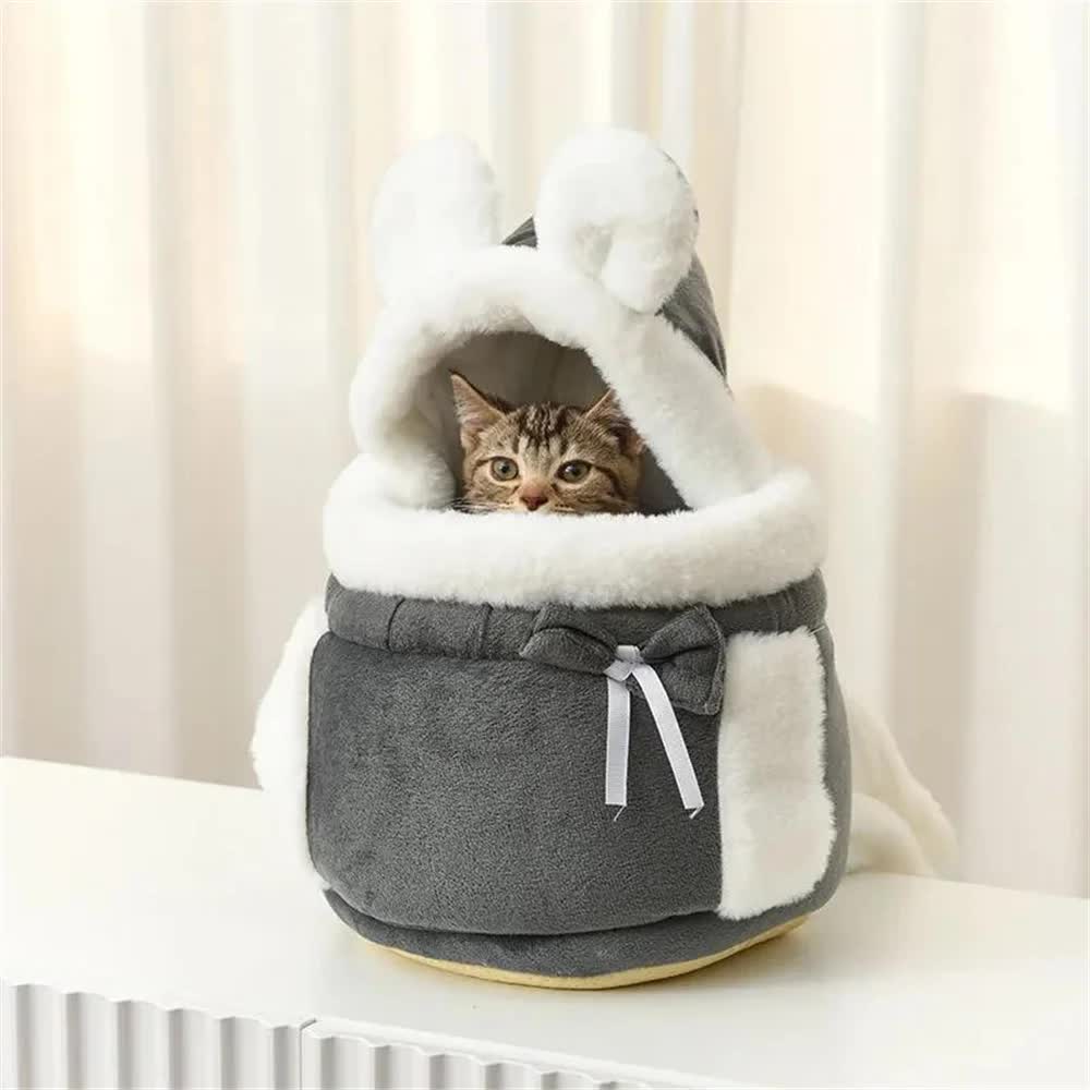 Grey 2-in-1 Ultra-Soft Plush Pet Carrier & Mobile Bed - Portable & Lightweight Cute Cat Ear Design Travel Cabin (L 33 x 25 x 27CM) β image 6