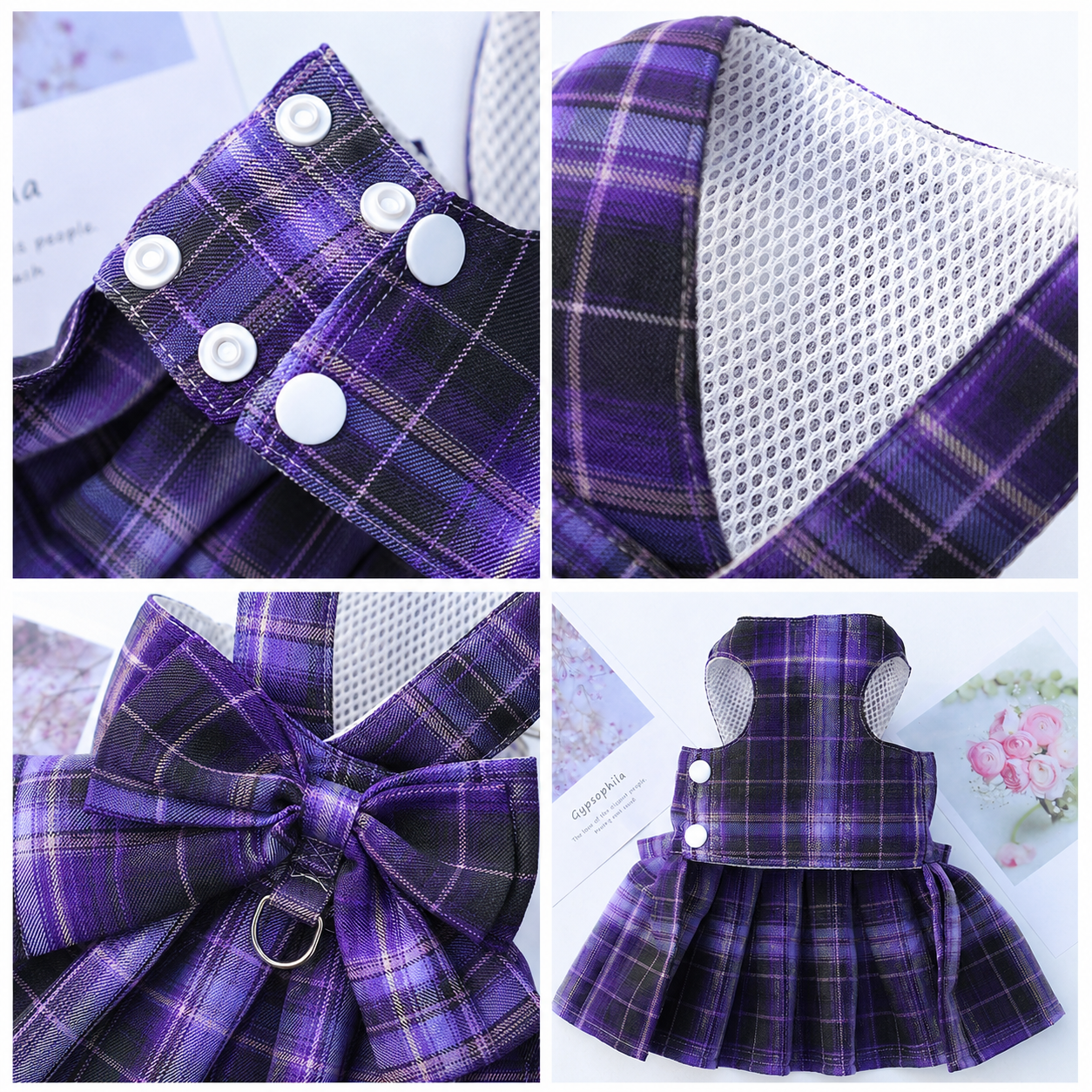 Dark Purple Plaid Pet Harness Dress with Leash for Small Dogs and Cats XS Size Bow Design Vest Outfit Walking Accessory โ image 3