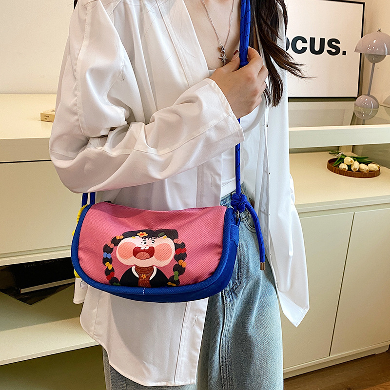 Whimsical Cartoon Girl Crossbody Bag - Lightweight Canvas with Adjustable Rope Strap & Flower Charm(Fruit green) โ image 4