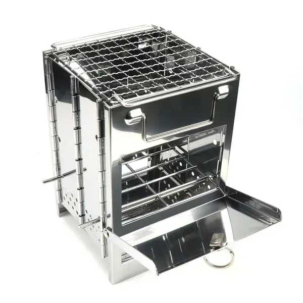 1 Piece Foldable Stainless Steel Charcoal BBQ Grill, Adjustable-Height Portable Camping Grill for Picnics and Outdoor Cooking