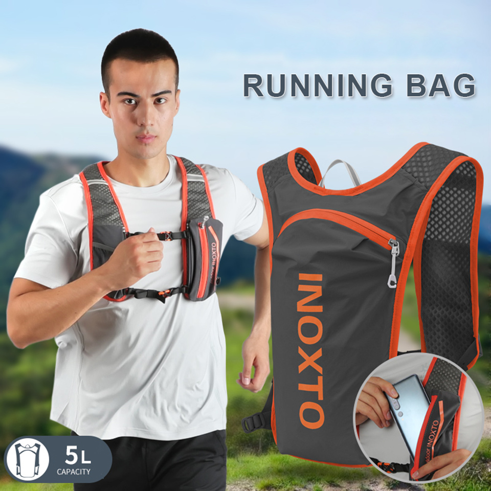 Lightweight Hydration Running Vest with 5L Capacity and Reflective Strips, Black backpack with white text โ image 2